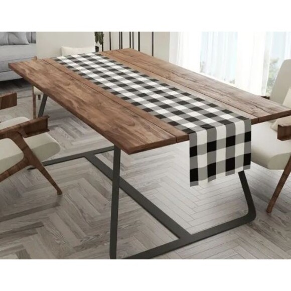 Table Runner 13x72in Black, White & Gray Check Country Farmhouse Polyester NEW - Picture 2 of 2
